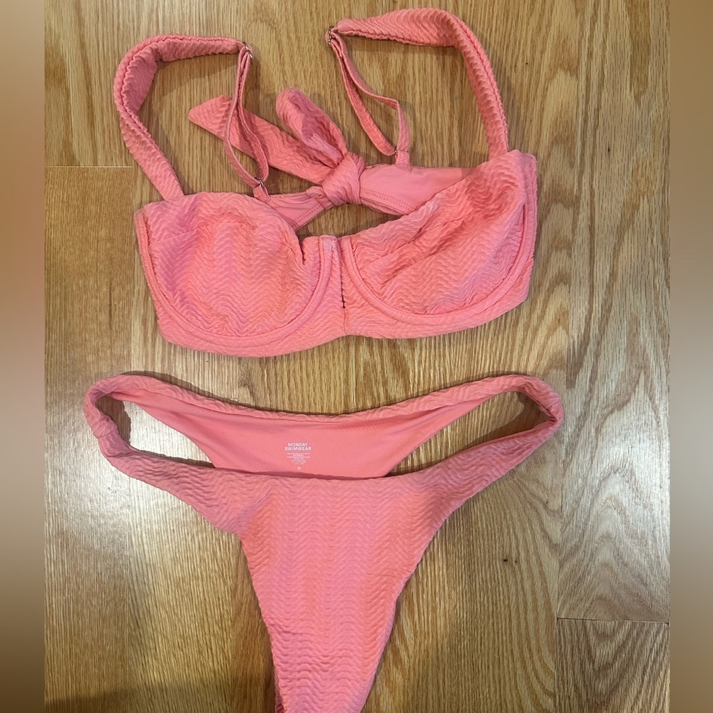 Monday Swimwear Coral Pink Textured Bikini Set
